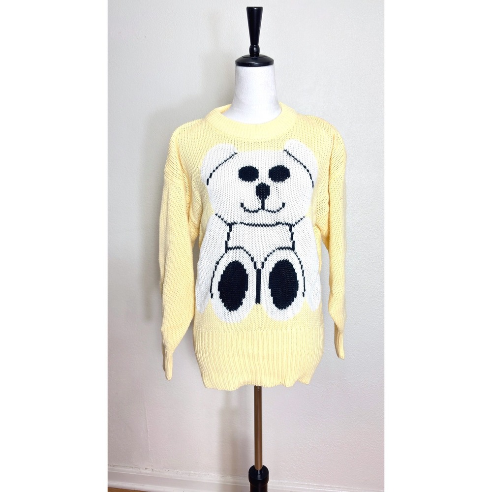 90s Vintage Butter Yellow Teddy Bear Chunky Knit Sweater Size Medium Kawaii Y2K